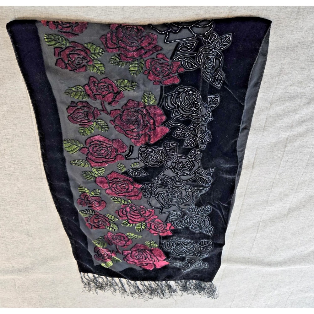 Victorian Romantic Women's Velvet Fringe Scarf Semi Sheer Silk Blend 20" X 66"